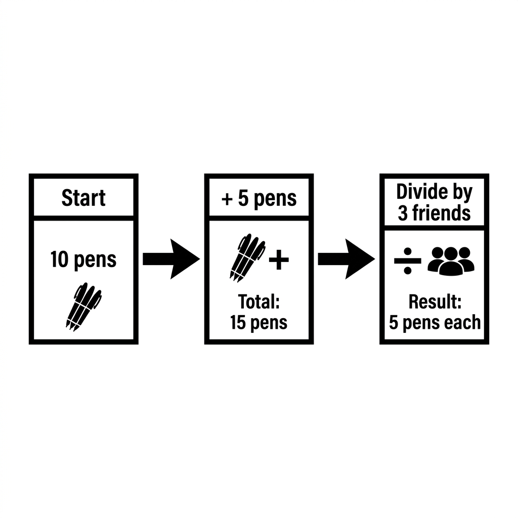 A non-example is: 'I have 10 pens and I buy 5 more. How many do I have?' This is only one step of addition. To make it.