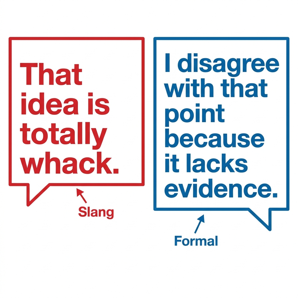 A non-example is using slang during a formal debate. If you say, 'That idea is totally whack,' you are not adapting to the.