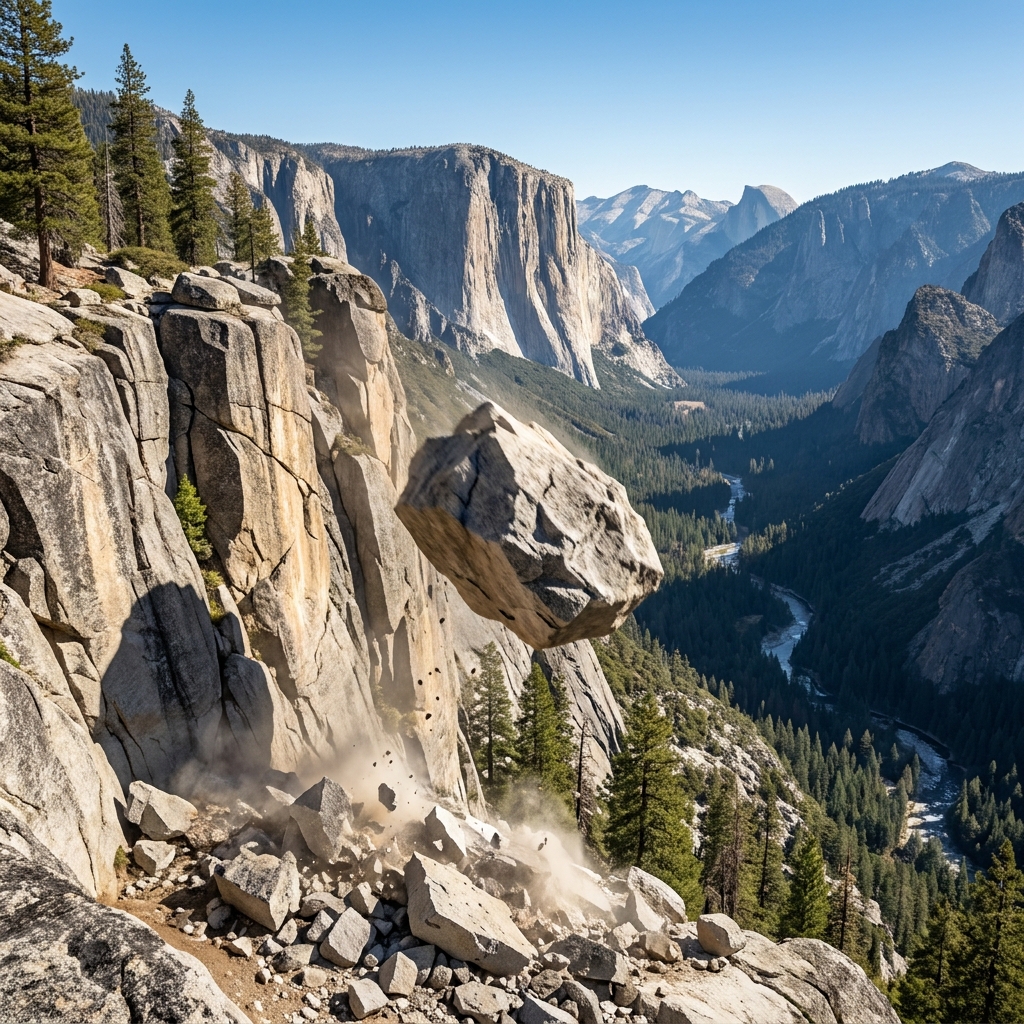 In the Sierra Nevada mountains, rocks can fall down the side of a cliff. A rock falling at a high speed has a lot of kinetic.
