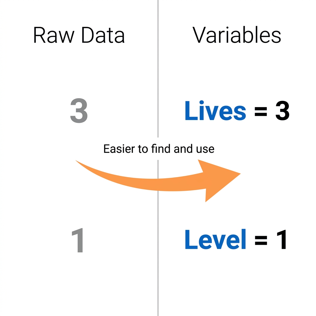 In a platformer game, a variable named Lives holds the number 3 and a variable named Level holds the number 1. These labels.