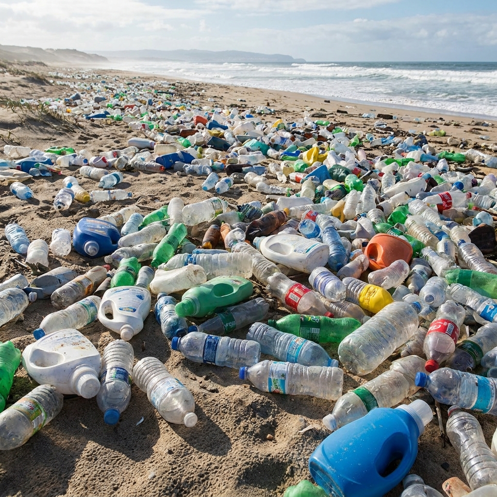 A student presenting on coastal conservation shows a beach covered in plastic bottles, followed by that same beach after it.