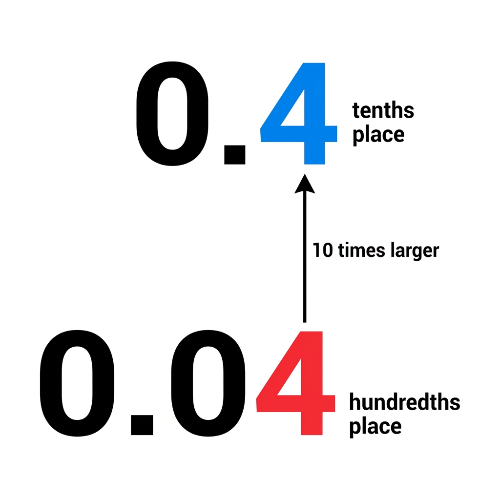 Consider 0.4 and 0.04. The 4 in 0.4 is in the tenths place. The 4 in 0.04 is in the hundredths place. Since the tenths place.