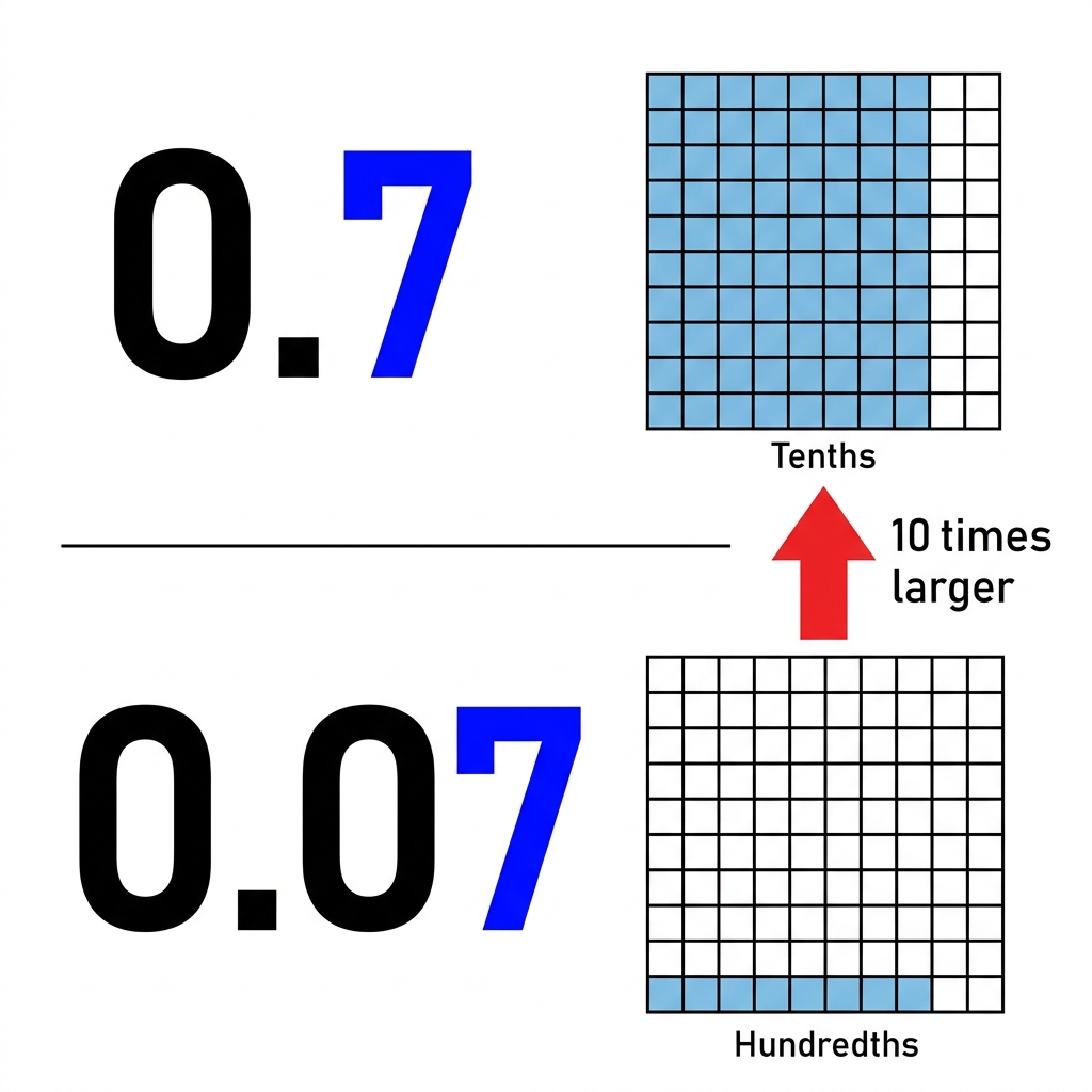 We have the digit 7 in 0.7 and the digit 7 in 0.07. Let's figure out how many times larger 0.7 is than 0.07.