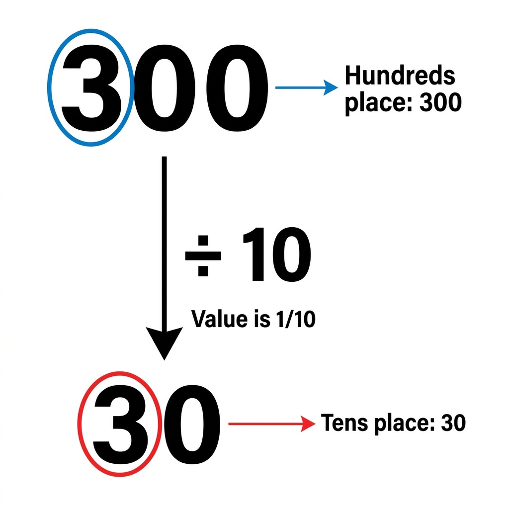 Consider the number 300. The digit 3 is in the hundreds place, so it represents 300. In the number 30, the digit 3 is in the.