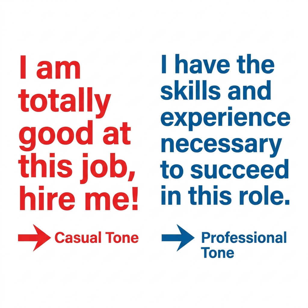 When applying for a job, your writing must be professional. You would not write, 'I am totally good at this job, hire me!'.