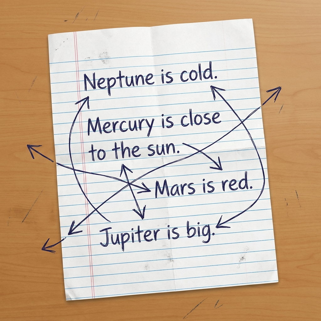 In contrast, a disorganized list of facts about the solar system might jump from Neptune to Mercury and then to Mars. This.