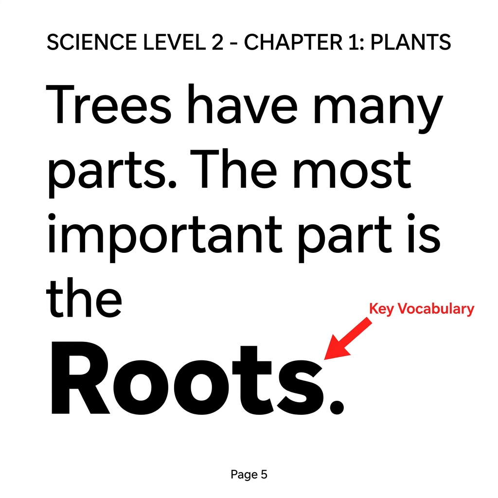 In our 5-page science book, we see a section about trees. The word 'Roots' is in bold print. This helps us see that 'Roots'.