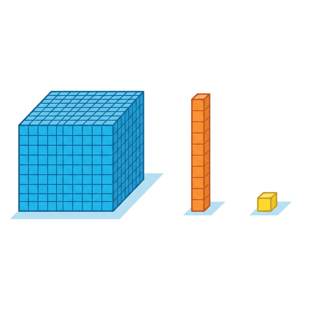 Numbers are made of smaller parts. A large block represents one hundred, a long rod represents ten, and a small cube.