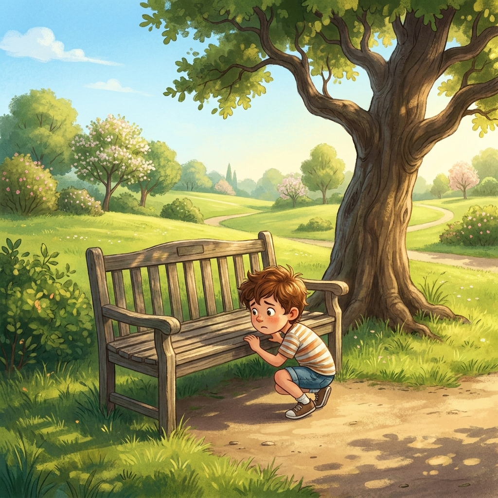 A boy lost his puppy in the park. He looked under the bench. He looked behind the tree. The boy felt very sad.