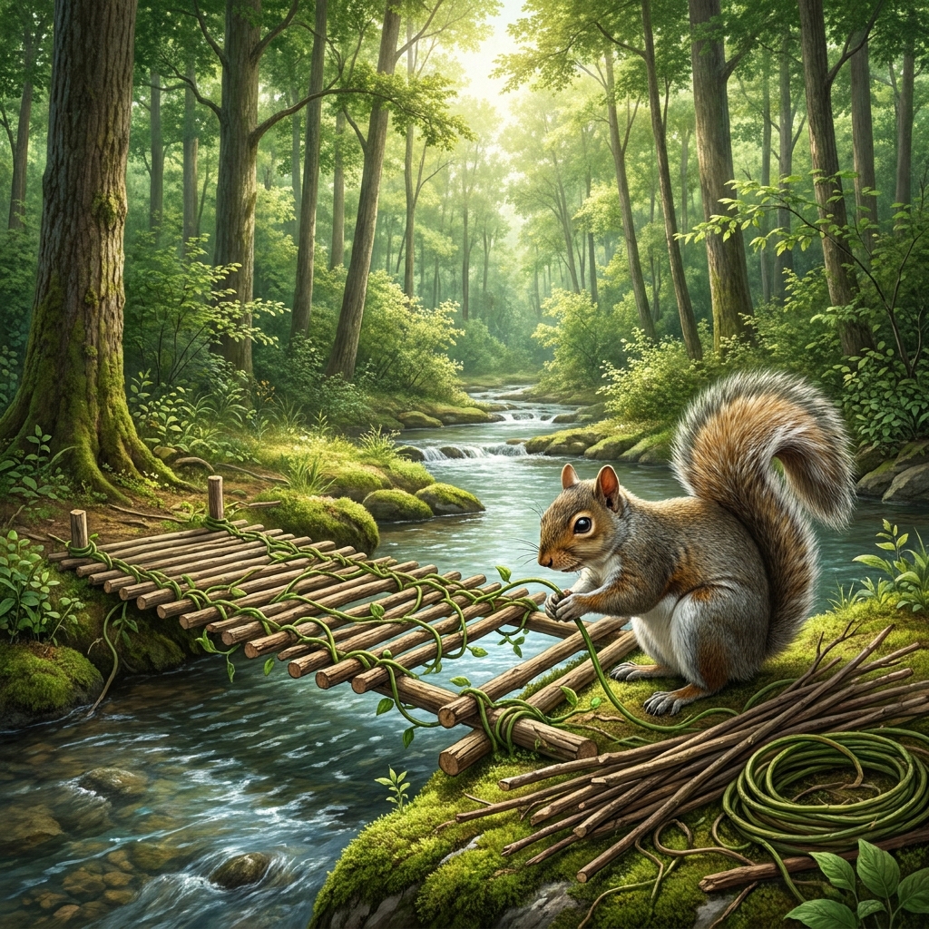 The text says, 'The squirrel was determined to get to the other side of the stream. He gathered long sticks and woven vines.