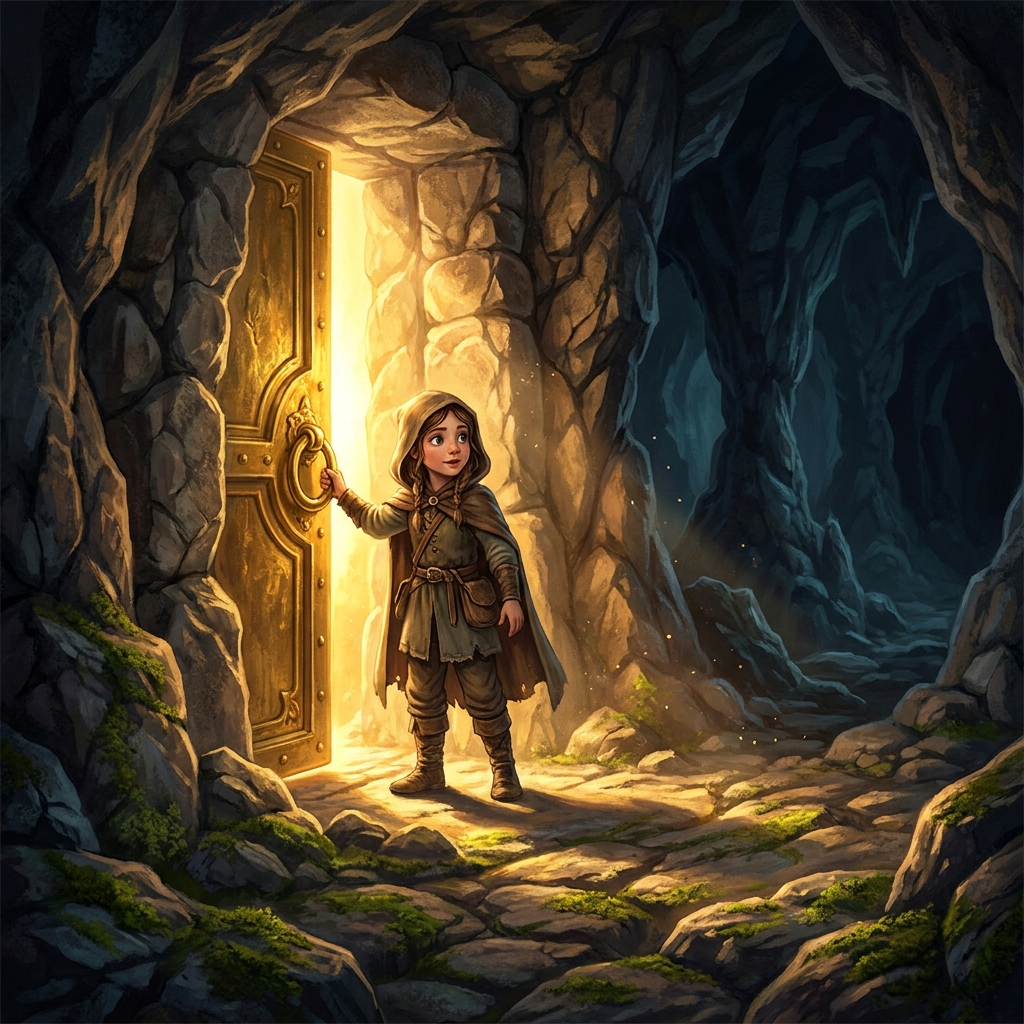 A curious explorer finds a heavy, golden door in a cave. She decides to turn the handle and open it. This action triggers a.