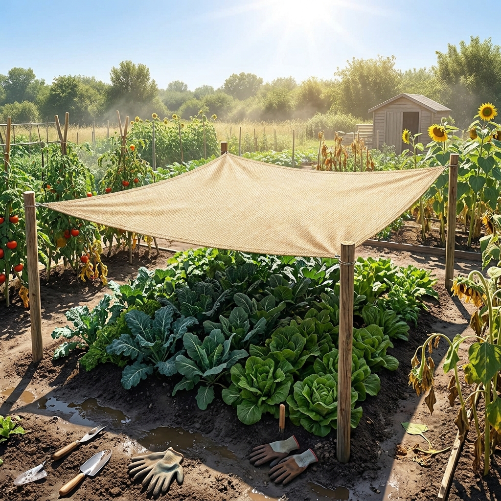Think about a garden on a very hot summer day. When the sun is too strong, plants can wilt and dry out. A shade cloth is a.