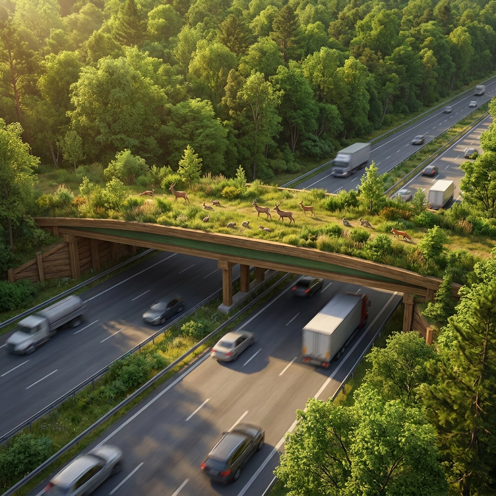 Imagine a highway that cuts through a forest. Animals often try to cross the road and get hurt. People build a wildlife.
