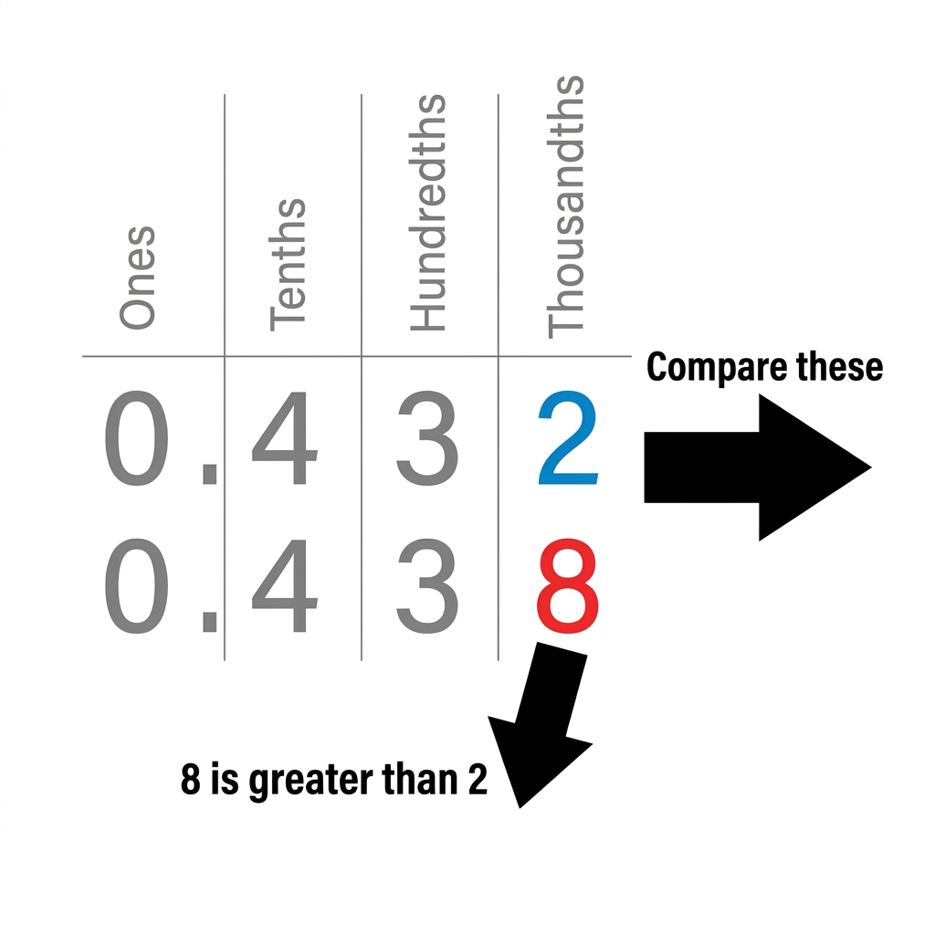 We want to compare 0.432 and 0.438. Let's figure out which one is greater by looking at each place value.