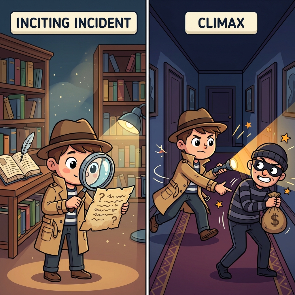 In a mystery story, the inciting incident is when the detective finds a mysterious note, but the climax is when the.