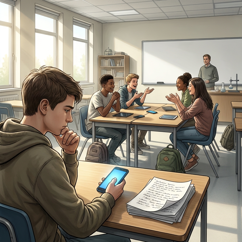 Transcript: 'Technology helps us stay connected, but it can also make us feel lonely if we spend too much time on screens.'.
