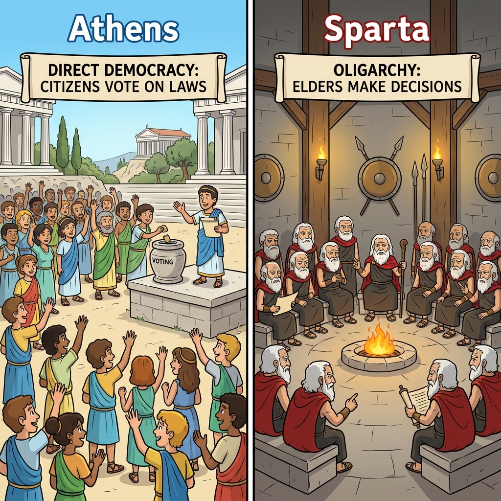In Athens, the citizens voted on laws directly. In Sparta, a small group of elders made the decisions. This text is.