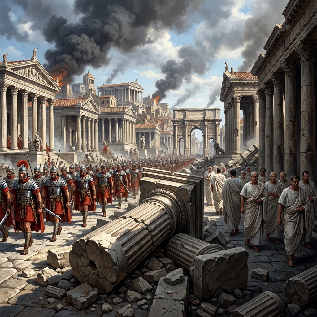 The text says: Because Julius Caesar was assassinated, the Republic fell into civil war. Consequently, the government.