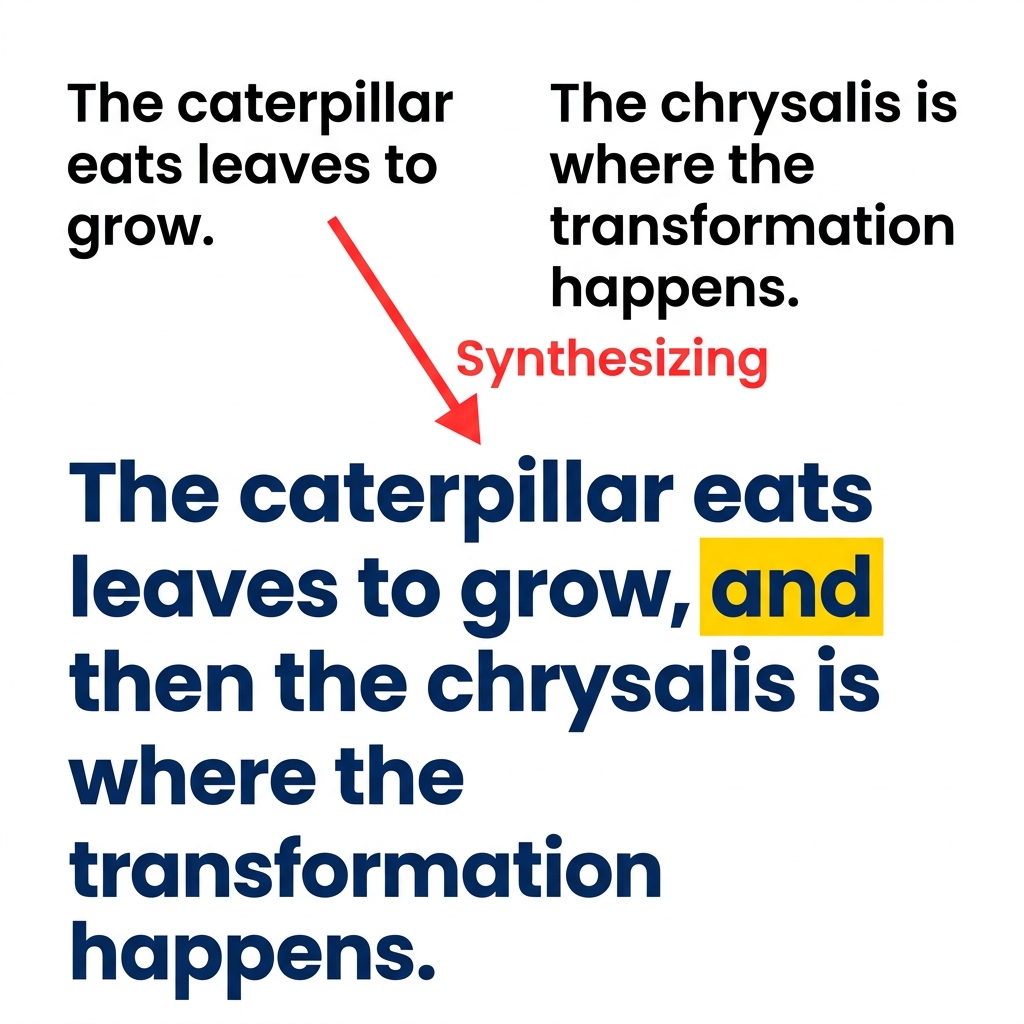 A science article says, 'The caterpillar eats leaves to grow.' Another source says, 'The chrysalis is where the.
