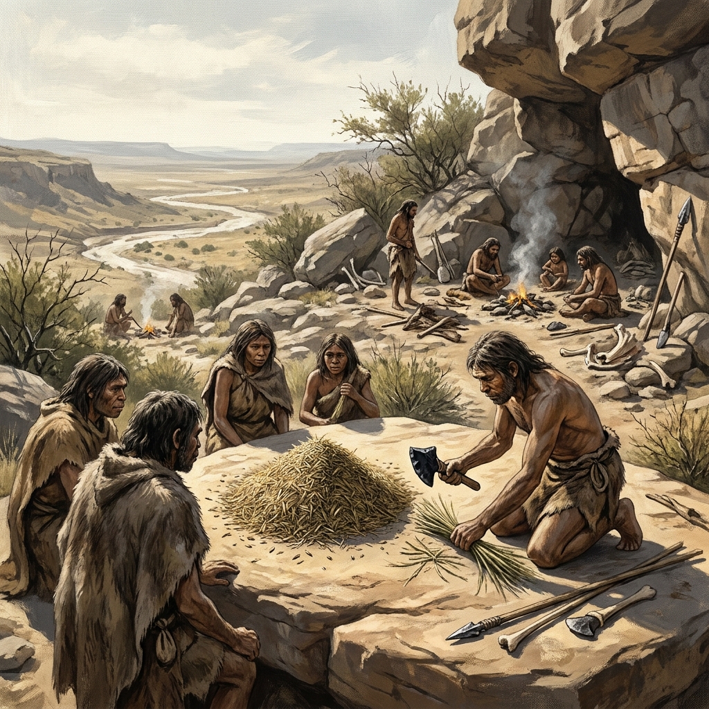 Archaeologists found wild grain seeds in a campsite. This shows that early humans gathered plants for food. Let's figure out.