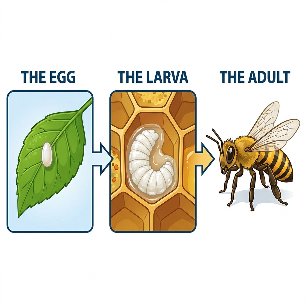 The report is structured by stages: 'The Egg,' 'The Larva,' and 'The Adult.' By looking at these headings, we can see the.