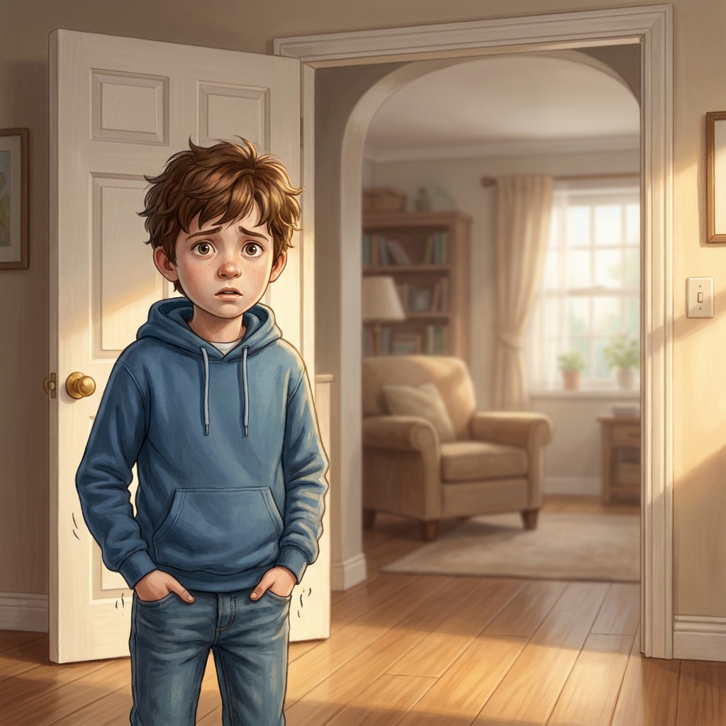 Imagine a story where a character named Ben loses his house key. The text says, 'Ben's face turned pale, and his hands.