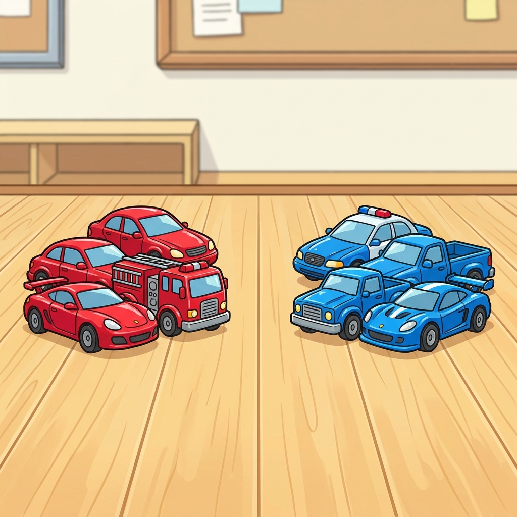 Let us sort these toys. We put the red ones here. We put the blue ones there. Now our toys are all sorted and stored.