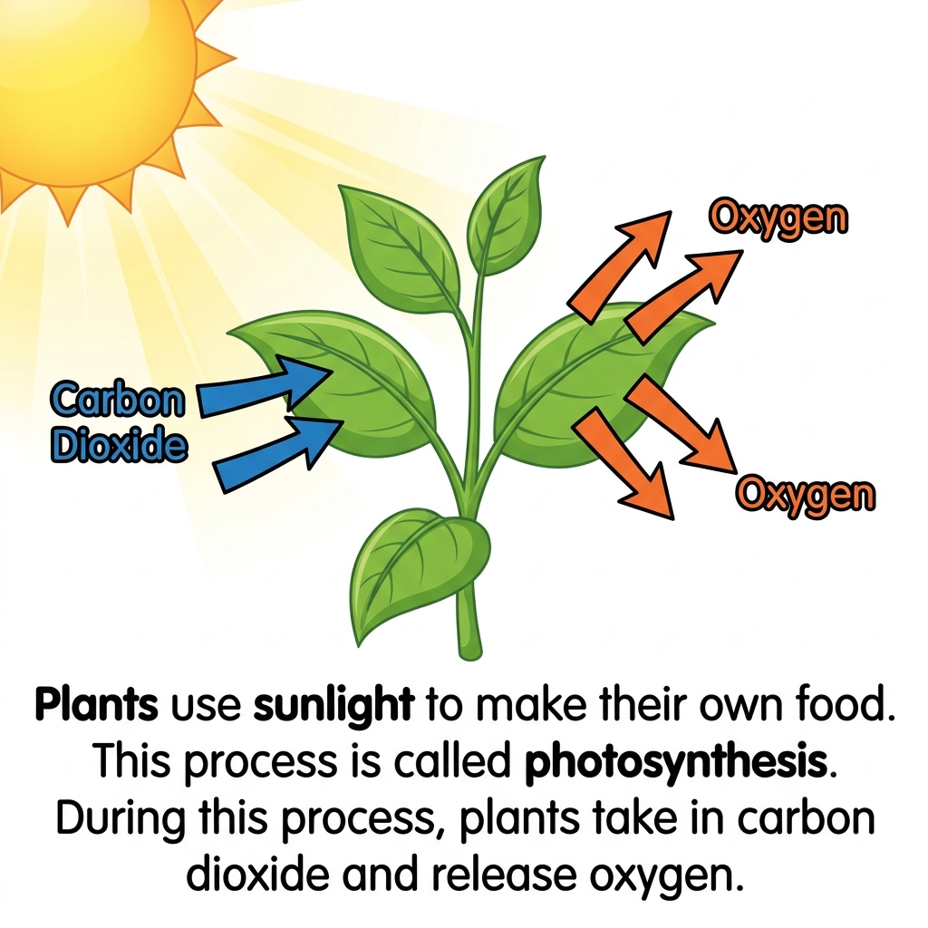 Plants use sunlight to make their own food. This process is called photosynthesis. During this process, plants take in.