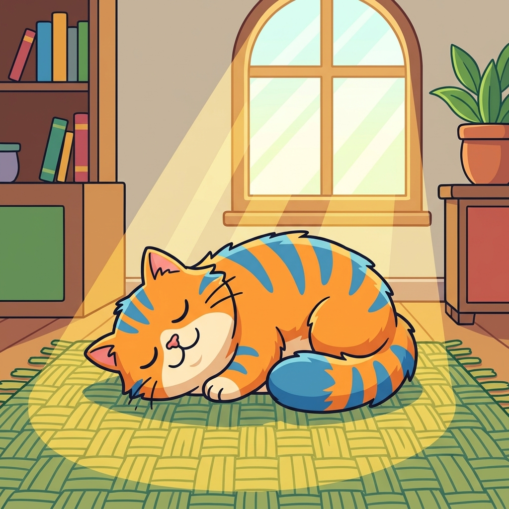 Let us look at the cat together. The cat sits on a rug. We see the cat is sleeping.