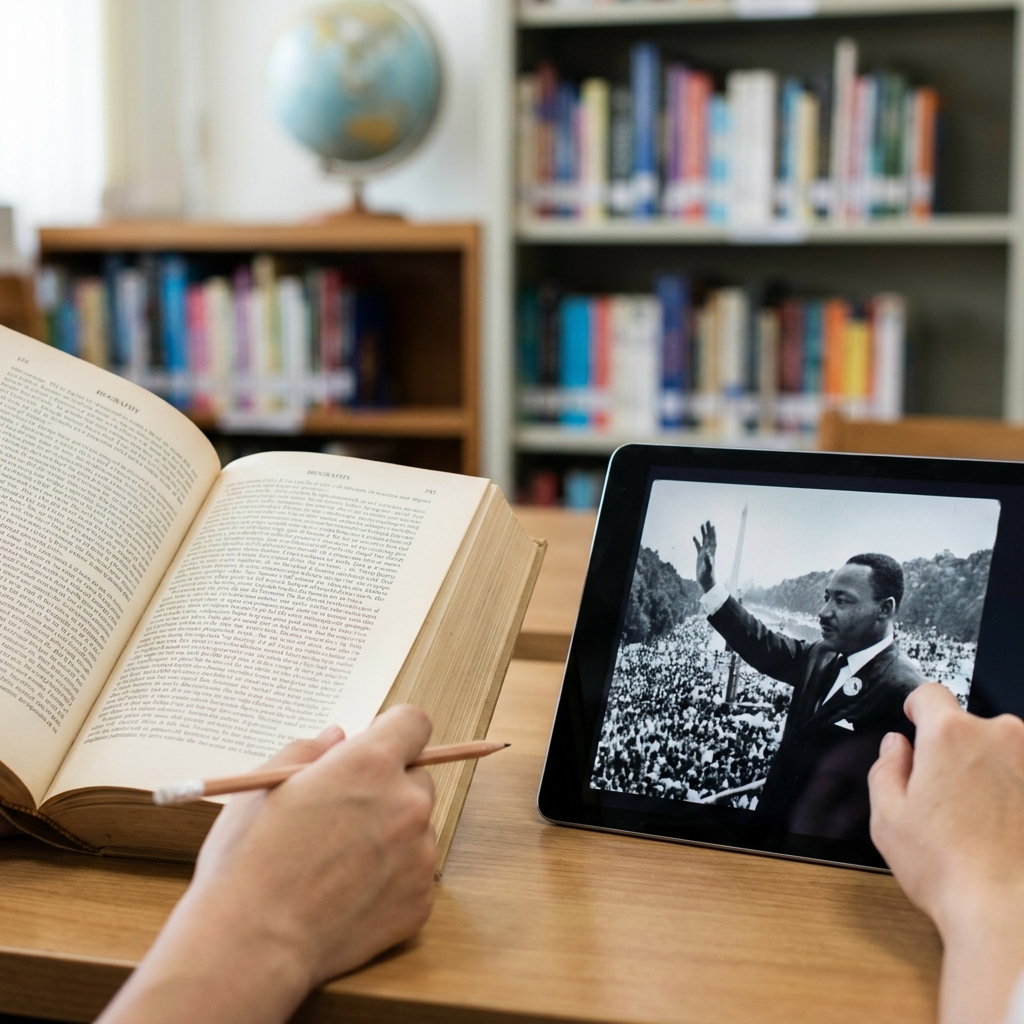 Example 1: A biography in print versus a documentary film clip. The print biography uses detailed sentences to describe a.