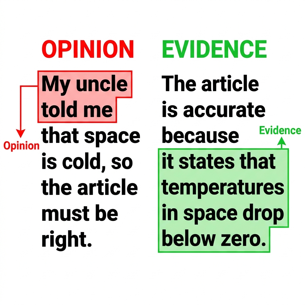 Another non-example is: 'My uncle told me that space is cold, so the article must be right.' This uses an outside opinion.