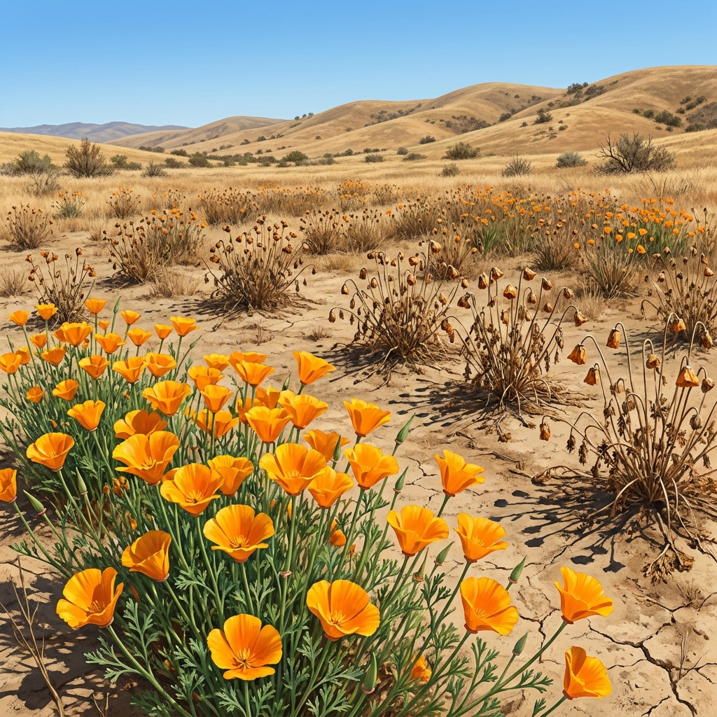 California grasslands contain poppies with different traits. Some poppies are drought-resistant, meaning they can survive.