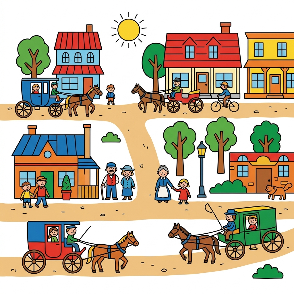 Let us look at the old town. See the horses? They used horses to travel in the past. That is how people moved around.