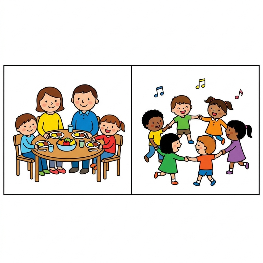 Look at these two ways to show a tradition. One family shares a big meal. One family dances in a circle. Both are ways to.