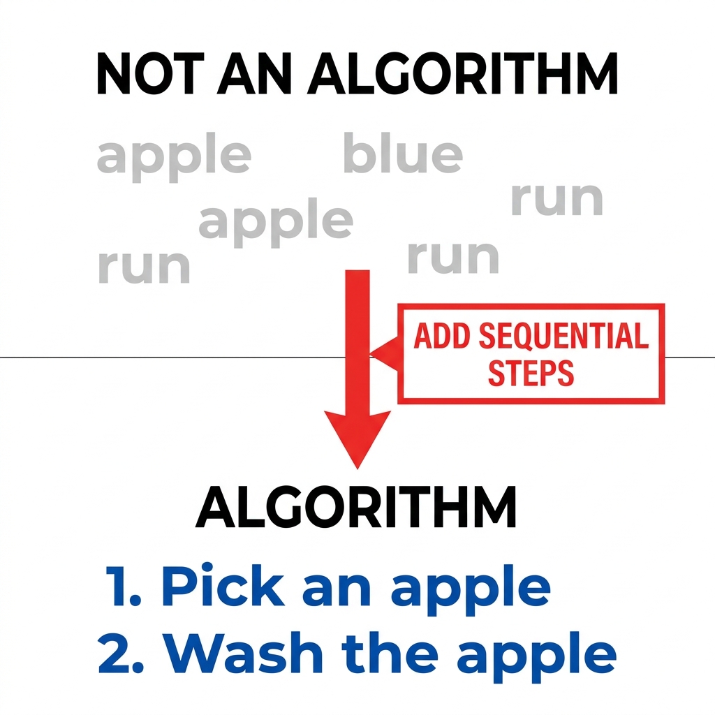 A list of random words like 'apple', 'blue', 'run' is not an algorithm. It does not tell you how to finish a task. To make.
