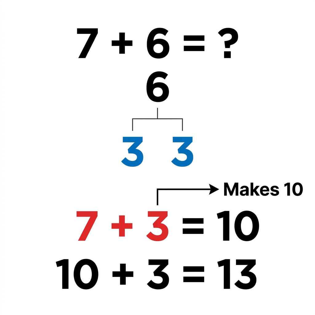 Let's solve 7 plus 6. We want to find the total. We can break 6 into 3 and 3 because 7 plus 3 makes 10.
