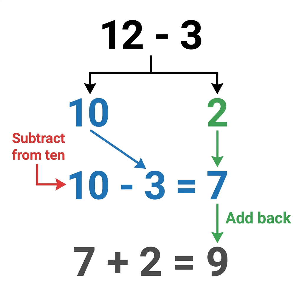 To solve 12 minus 3, we can break 12 into 10 and 2. Then we take 3 away from the 10. Since 10 minus 3 is 7, we add the 2.