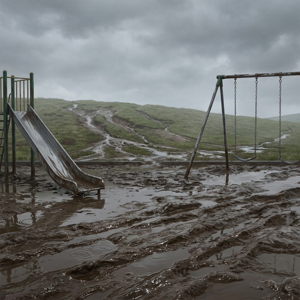 Sometimes, heavy rain carries mud down a hill. After a big storm, a school playground might be covered in thick, wet mud.