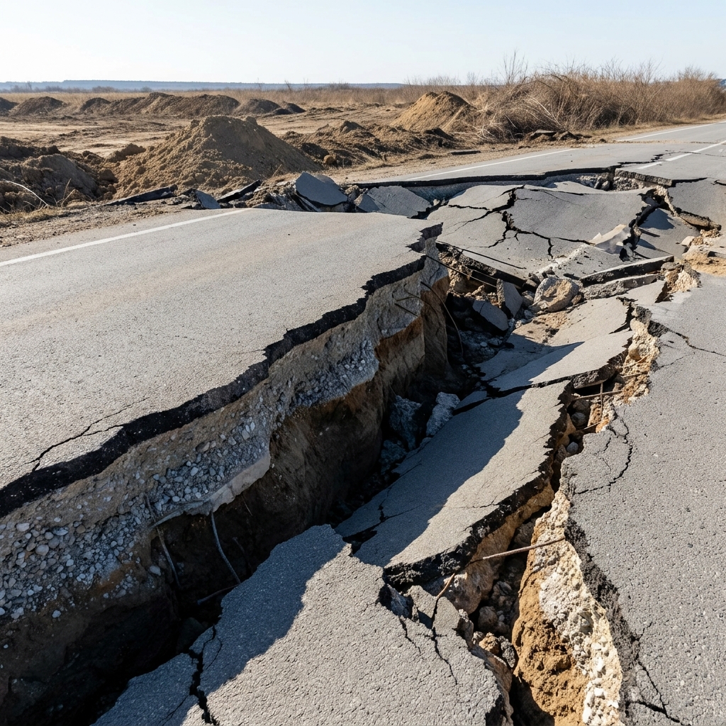 An earthquake can cause the ground to shift suddenly. When the ground moves, it can break apart roads or other structures on.