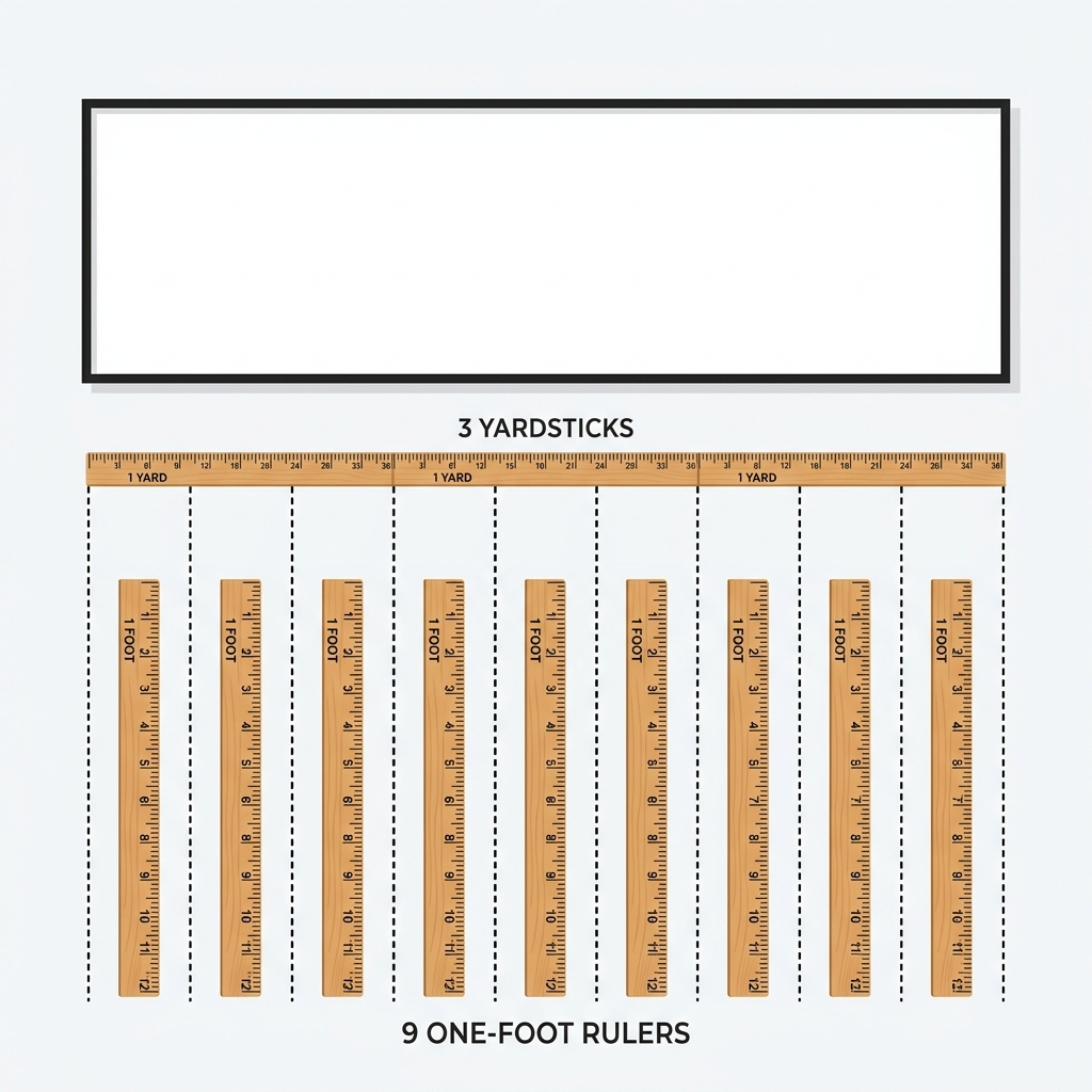 The whiteboard is 3 yardsticks long. Each yardstick is 3 feet long. We want to know how many 1-foot rulers we need to.