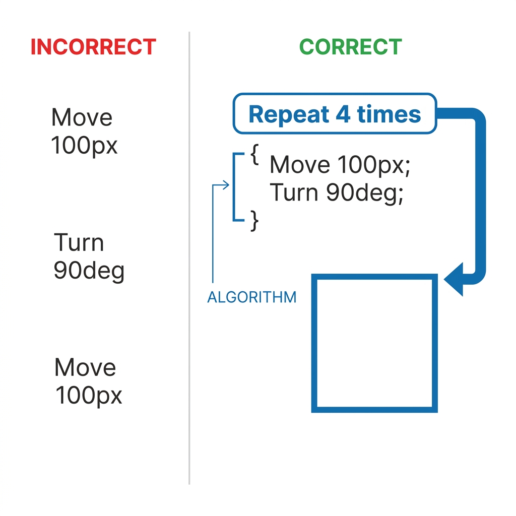 A successful program follows the steps in the right order to reach the goal. A program that draws a square uses a loop to.