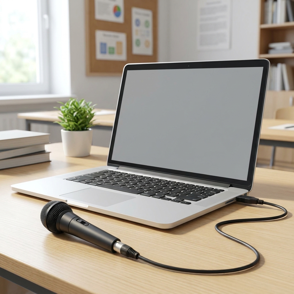 We have a microphone and a computer. First, we plug the microphone into the port. Then, we open the recording app. Finally.