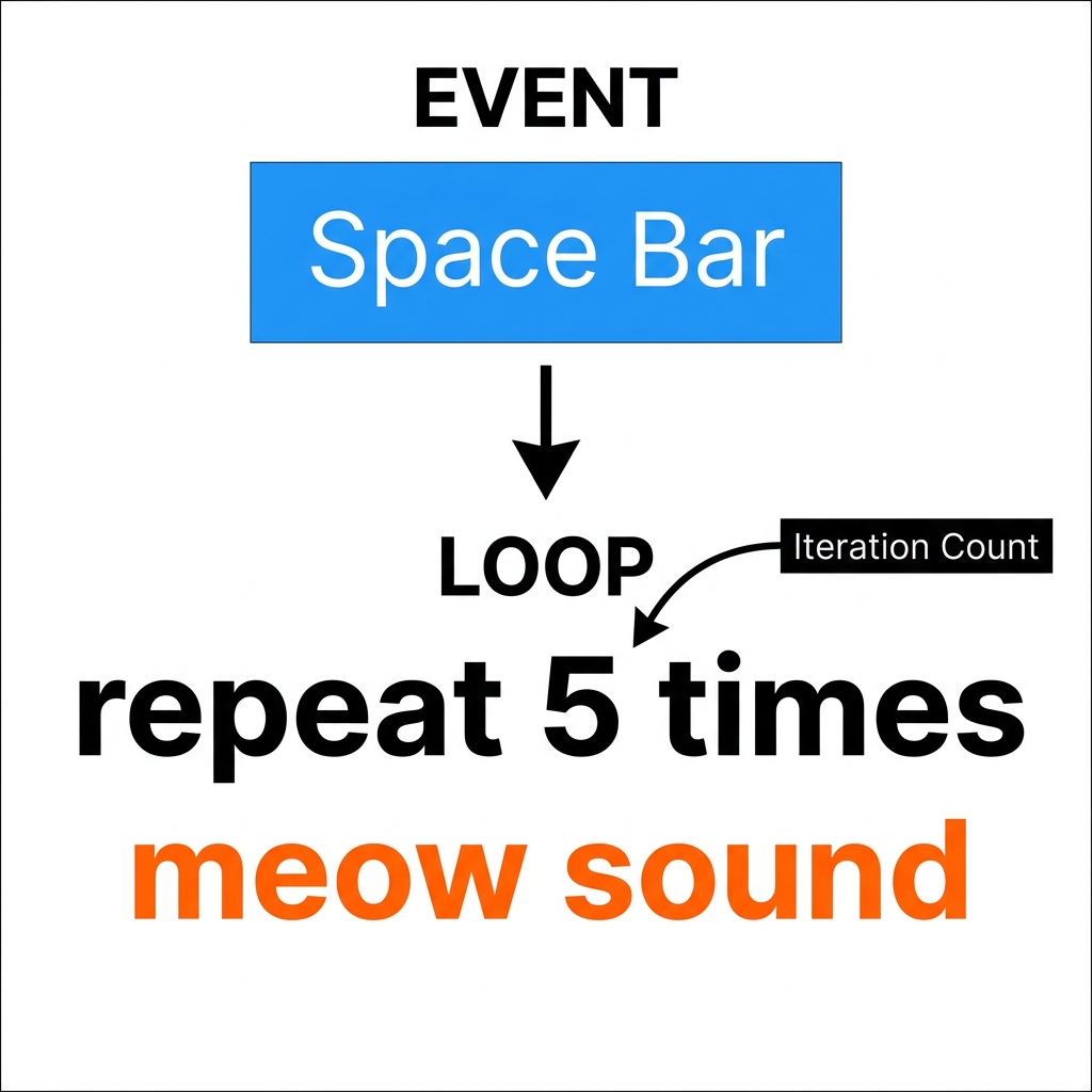 Let's trace what this program does. First, the event is pressing the space bar. Then, the loop starts and repeats the meow.