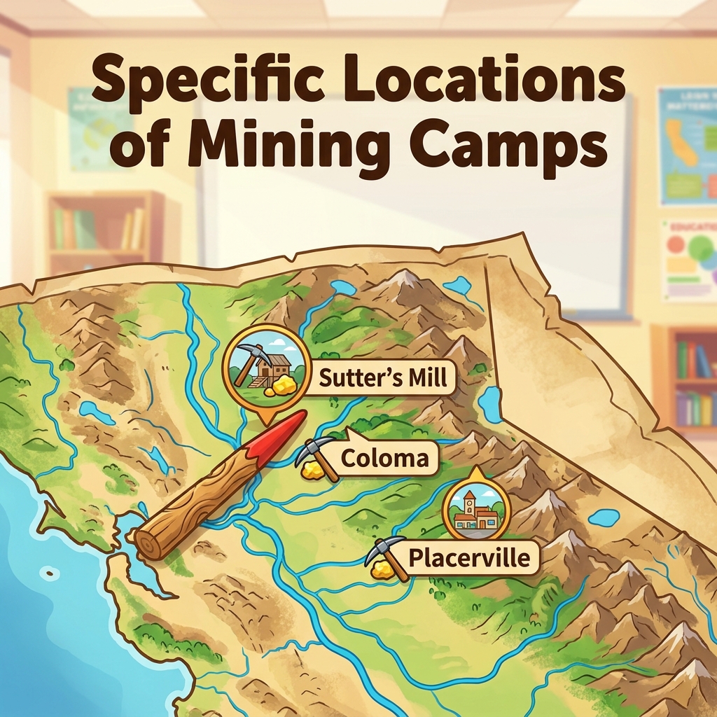 The presentation is about the California Gold Rush. The student explains the specific locations of mining camps where people.