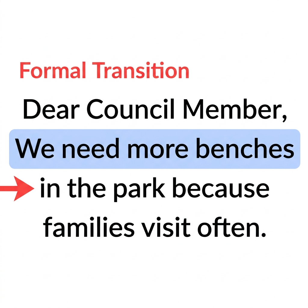 Imagine a student is drafting a formal letter to a city council member about a park project. The student writes, 'We need.
