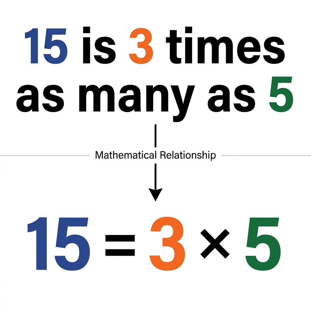 When we say 15 is 3 times as many as 5, we can write this as the equation 15 = 3 times 5. This shows the relationship.