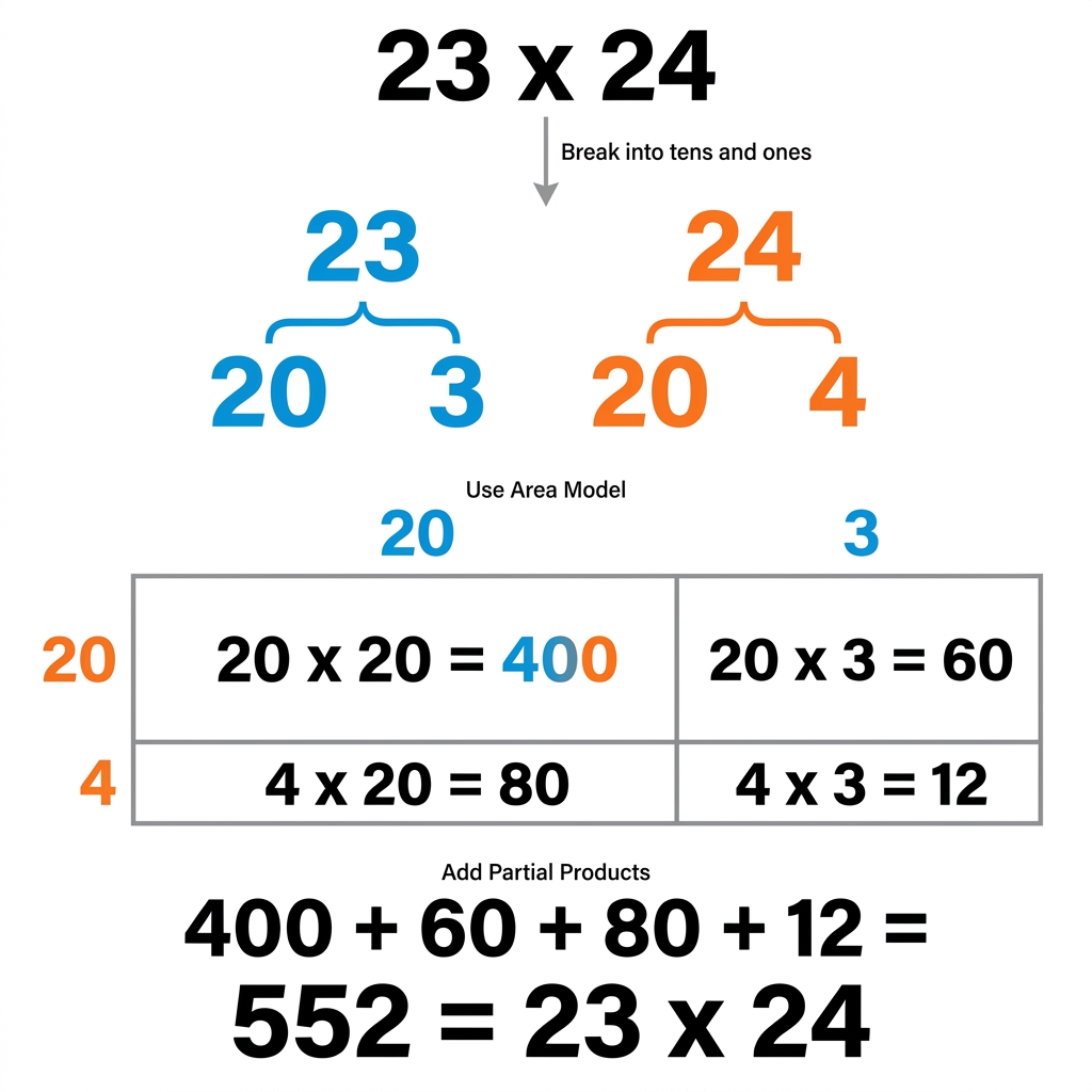 We want to find the total of 23 times 24. We break 23 into 20 and 3, and 24 into 20 and 4.