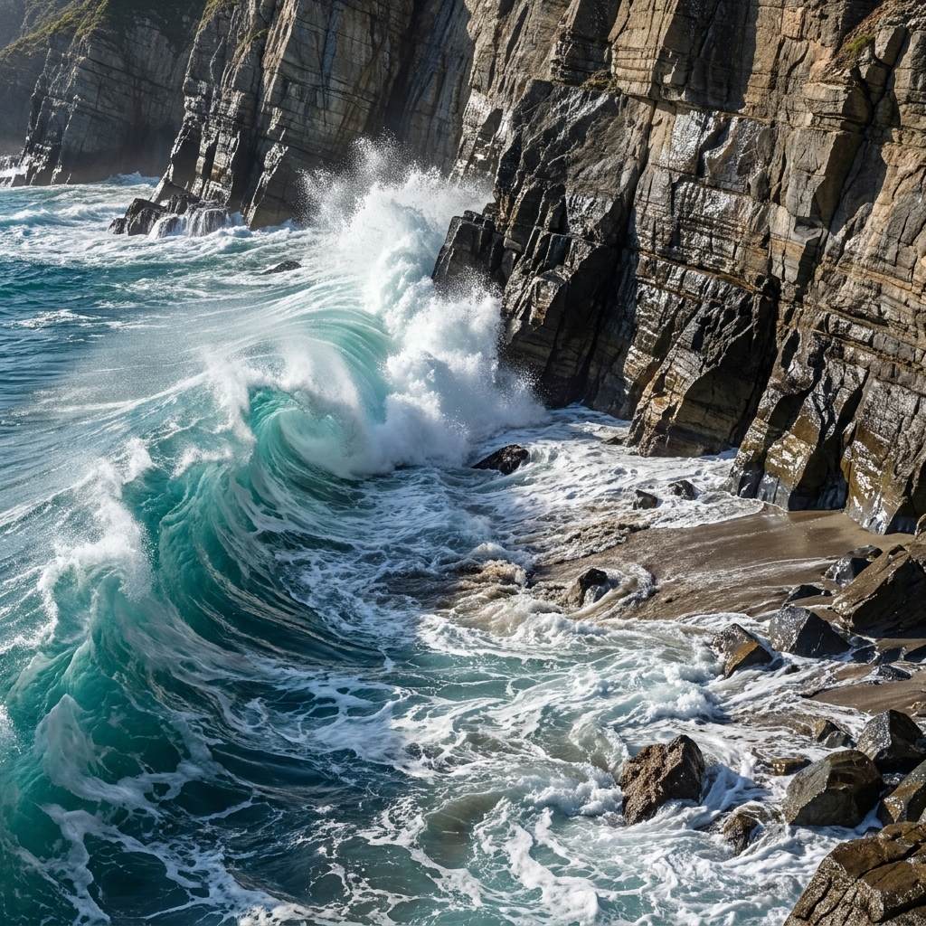 Imagine a high-amplitude ocean wave hitting a cliffside. We can observe the wave's height and see how it pushes sand and.
