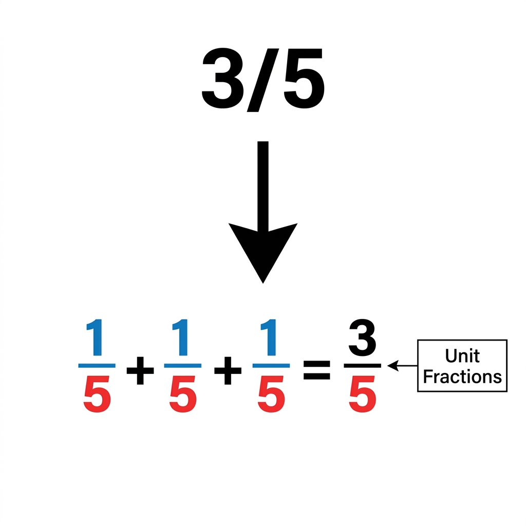 Look at 3/5. We can break 3/5 into 1/5 + 1/5 + 1/5. This is an example because we are using unit fractions with the same.