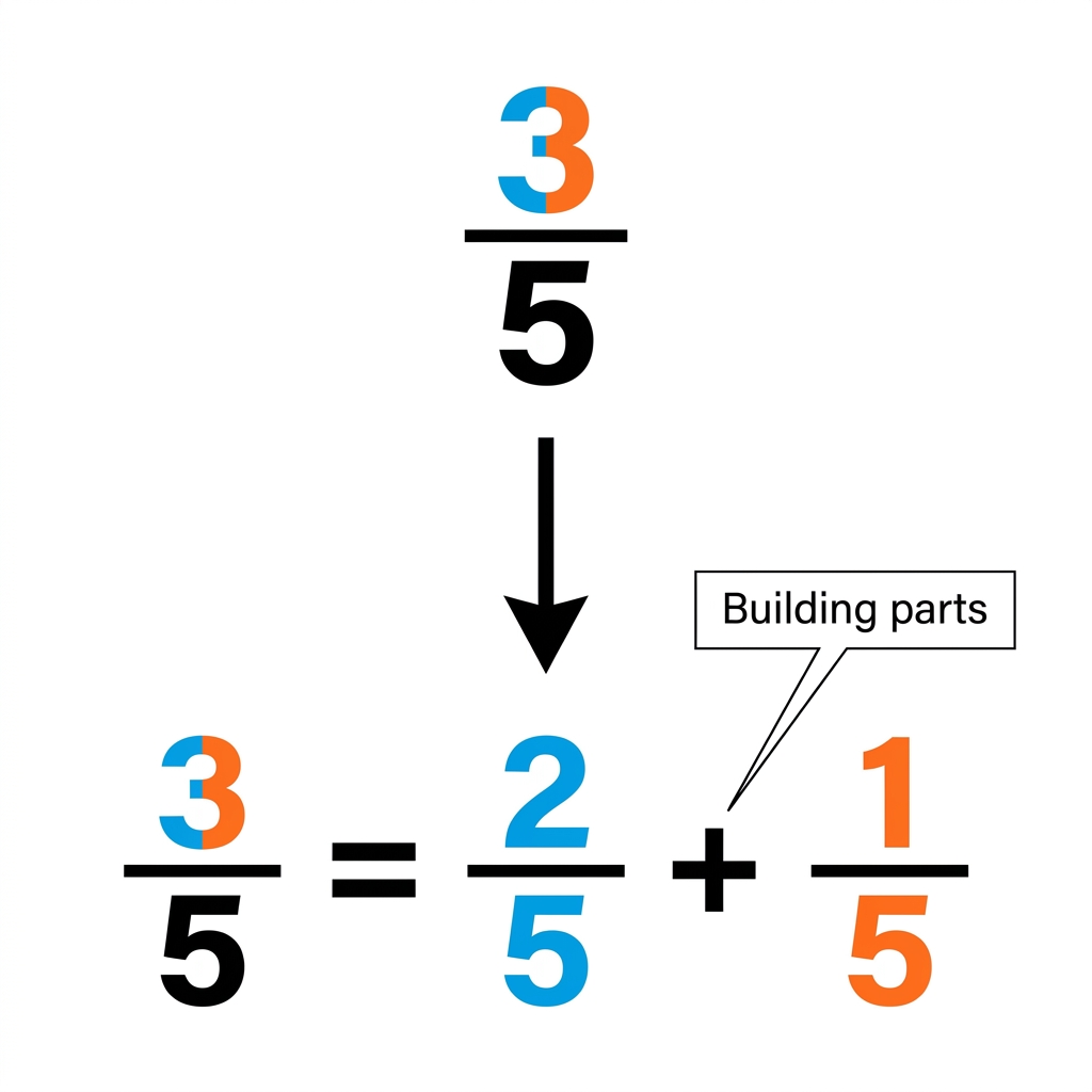 Another way to write 3/5 is 2/5 + 1/5. Both ways show how we can build the fraction from smaller parts.